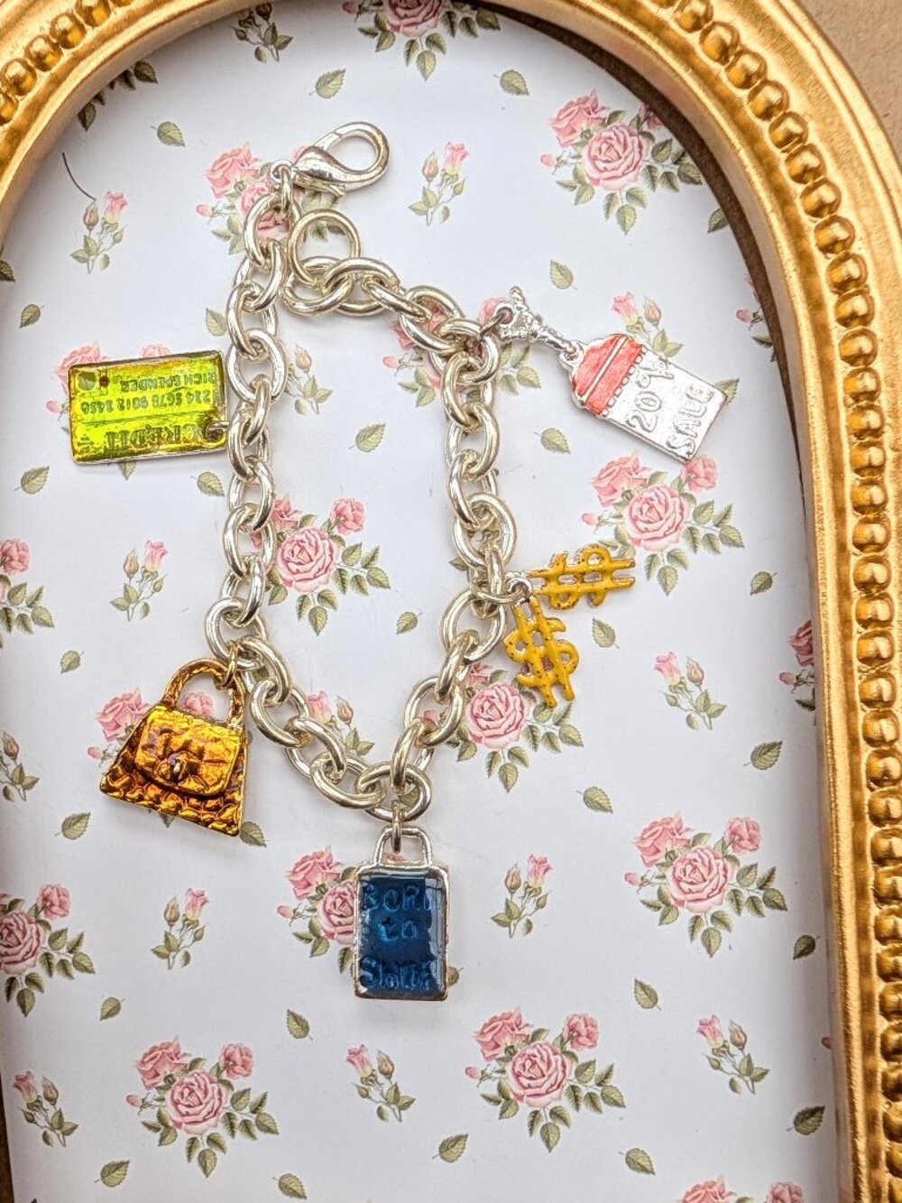 Vintage 1990's Born to Shop Charm Bracelet, Silver Tone & Enamel